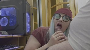Blonde with glasses gives him perfect blowjob