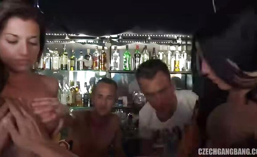 Czech Gangbang 19 - A bunch of guys and two Czech waitress twins